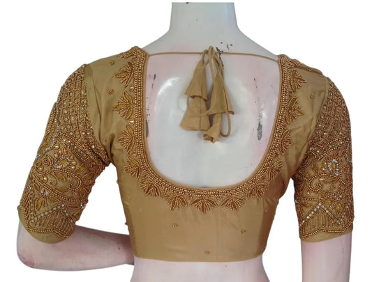 Opulent Gold Color Silk Bridal Blouse | Hand-Embroidered Aari Work 