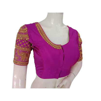 Elegant Magenta Color Wedding Aari Handwork Blouse | Premium Silk