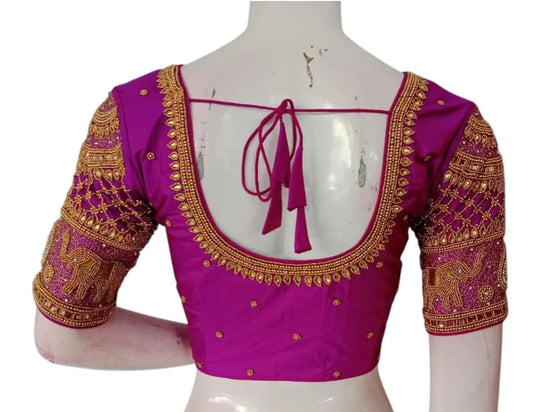 Elegant Magenta Color Wedding Aari Handwork Blouse | Premium Silk
