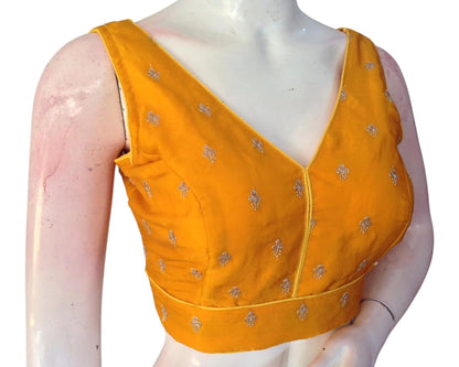 Mustard Yellow Organza Sequin Embroidered Sleeveless Readymade Blouse