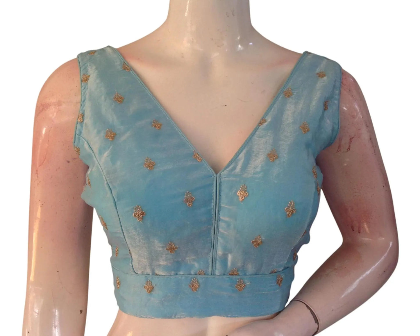 Blue Organza Sequin Embroidered Sleeveless Readymade Blouse