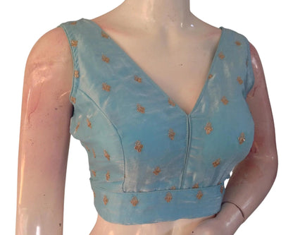Blue Organza Sequin Embroidered Sleeveless Readymade Blouse