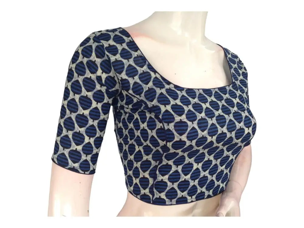 Indigo Blue Cotton High Neck Saree Blouse | Ready made Indian Blouse - D3blouses