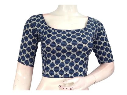 Indigo Blue Cotton High Neck Saree Blouse | Ready made Indian Blouse - D3blouses