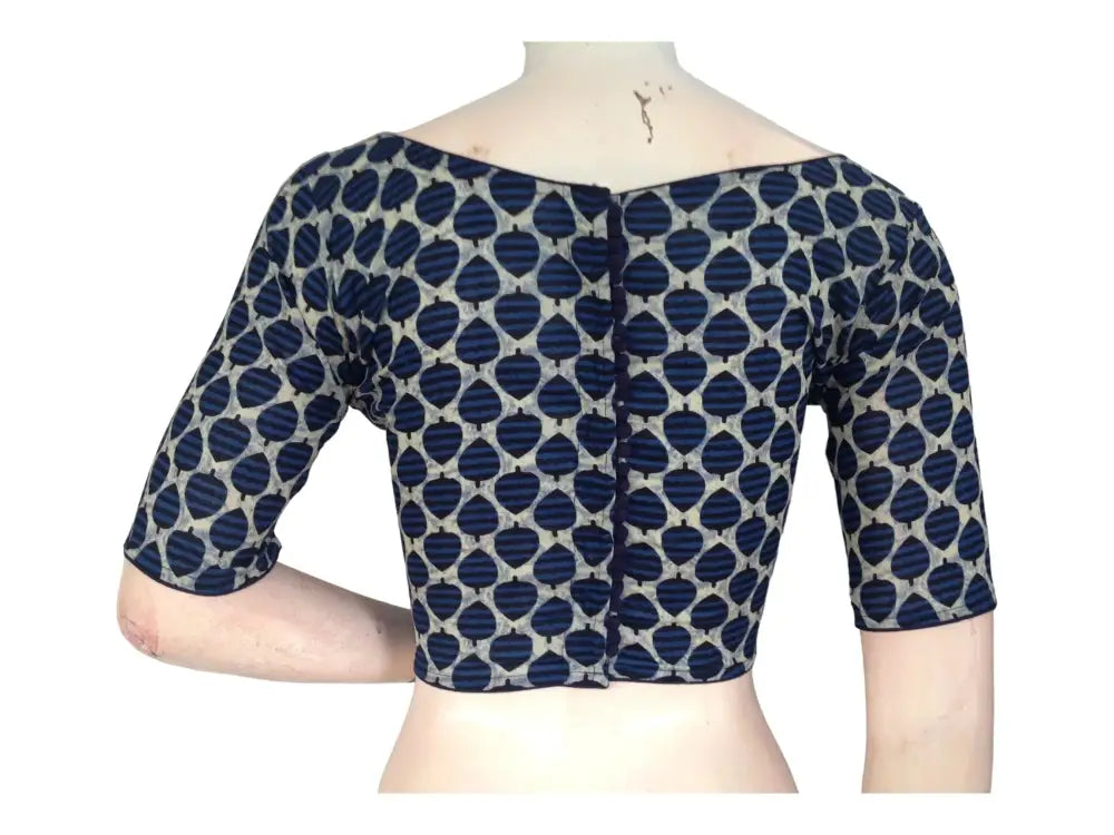 Indigo Blue Cotton High Neck Saree Blouse | Ready made Indian Blouse - D3blouses