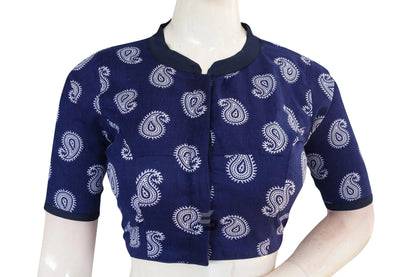 Indigo Color Cotton Designer Collar Neck Readymade Blouse - D3blouses