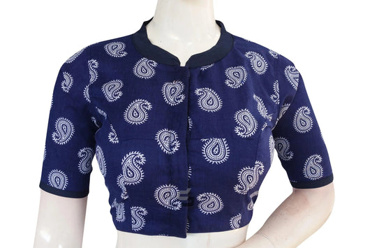 Indigo Color Cotton Designer Collar Neck Readymade Blouse - D3blouses