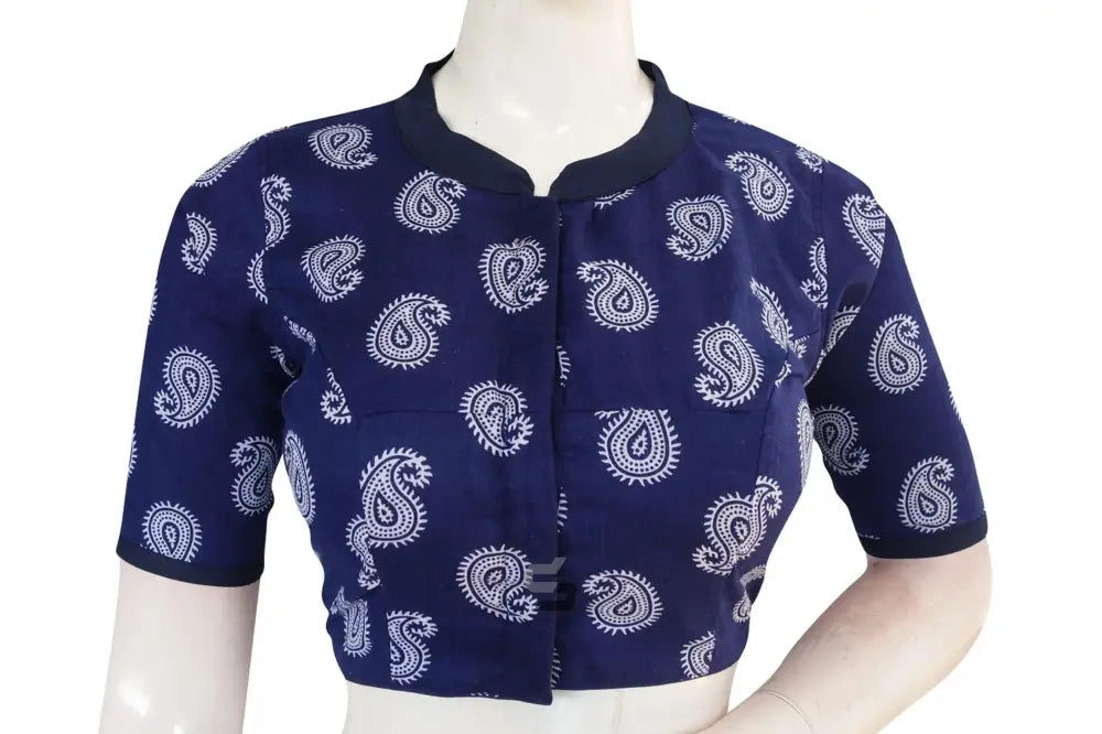 Indigo Color Cotton Designer Collar Neck Readymade Blouse - D3blouses