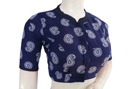 Indigo Color Cotton Designer Collar Neck Readymade Blouse - D3blouses