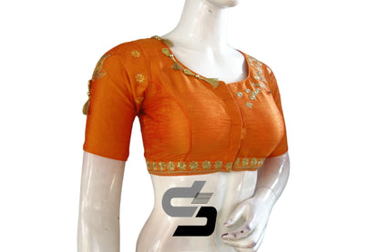 Intricate Beauty: Mustard Orange High Neck Embroidered Blouses - D3blouses