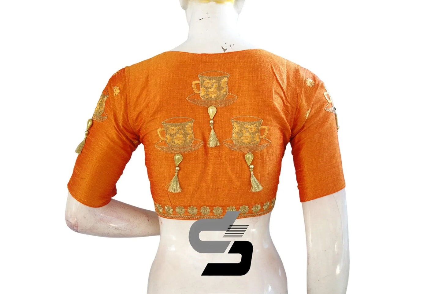 Intricate Beauty: Mustard Orange High Neck Embroidered Blouses - D3blouses