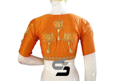 Intricate Beauty: Mustard Orange High Neck Embroidered Blouses - D3blouses