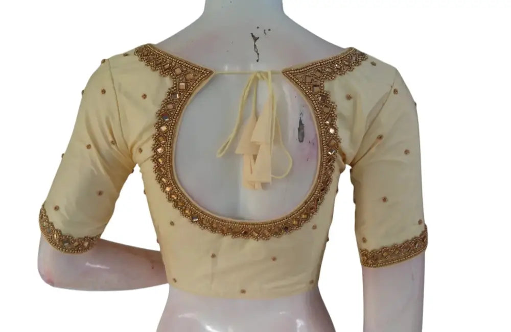 Ivory Radiance: Mirror Aari Handwork Bridal Silk Saree Readymade Blouse - D3blouses