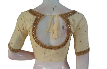 Ivory Radiance: Mirror Aari Handwork Bridal Silk Saree Readymade Blouse - D3blouses