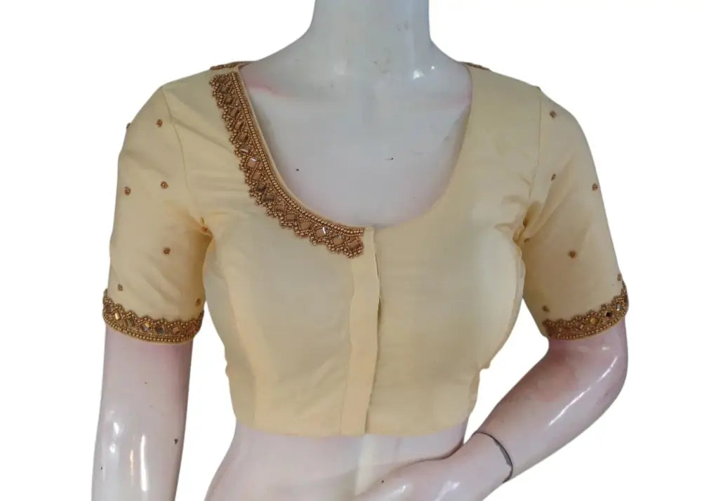 Ivory Radiance: Mirror Aari Handwork Bridal Silk Saree Readymade Blouse - D3blouses
