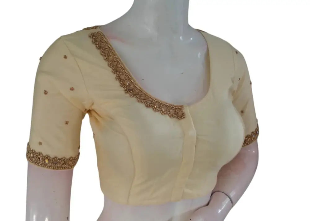 Ivory Radiance: Mirror Aari Handwork Bridal Silk Saree Readymade Blouse - D3blouses