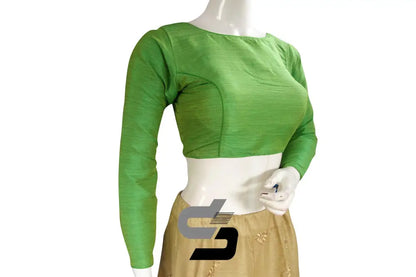 Jade Grace: Green Plain Full Sleeve Plain Silk Designer Readymade Blouse - D3blouses