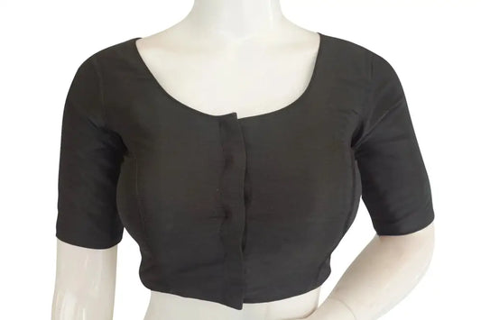Jet Black Sophistication, Plain Semi Silk Indian Readymade Saree Blouse - D3blouses