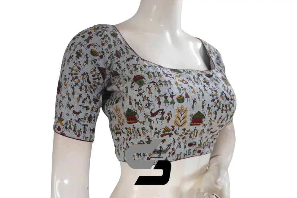 Jute Cotton Hand Blocked Indian Readymade Designer Blouse - D3blouses