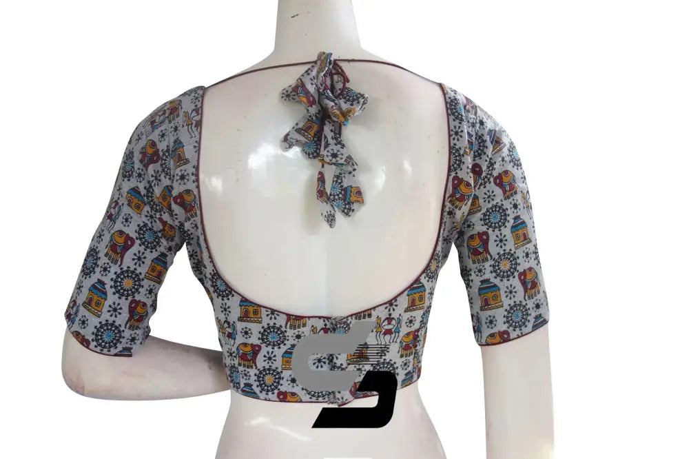 Jute Cotton Hand Blocked Indian Readymade Designer Blouse - D3blouses