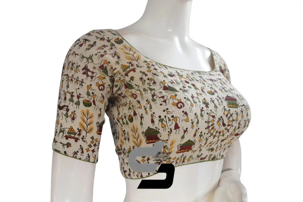 Jute Cotton Hand Blocked Indian Readymade Designer Blouse - D3blouses