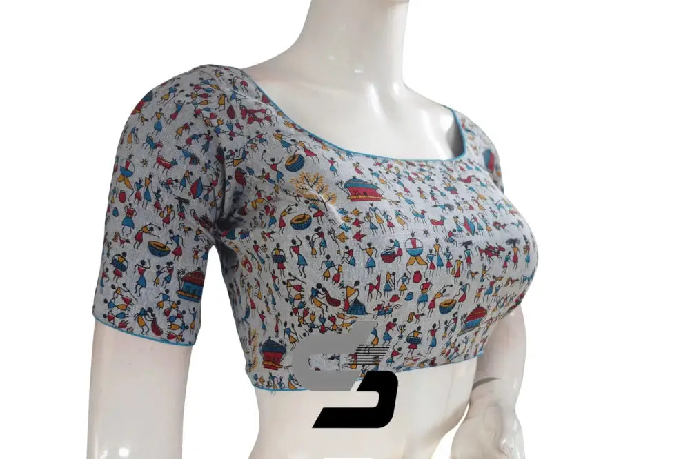 Jute Cotton Hand Blocked Indian Readymade Designer Blouse - D3blouses