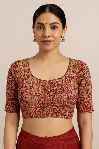 Kalamkari Cotton Ethnic Saree Blouses | Lined & Optional Removable Pads | Daily, Temple & Festive Wear - D3blouses