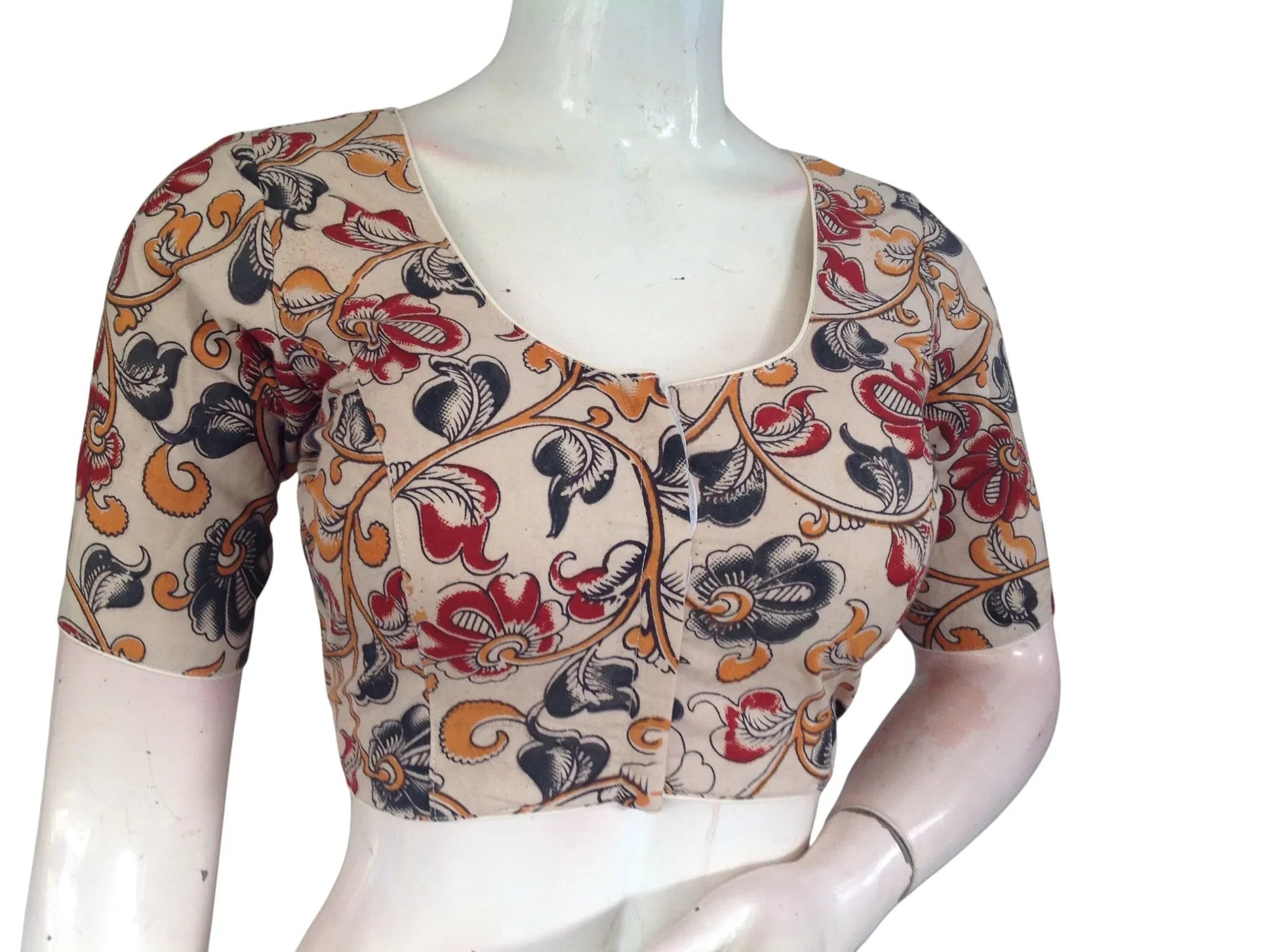 Kalamkari Cotton Ethnic Saree Blouses | Lined & Optional Removable Pads | Daily, Temple & Festive Wear - D3blouses