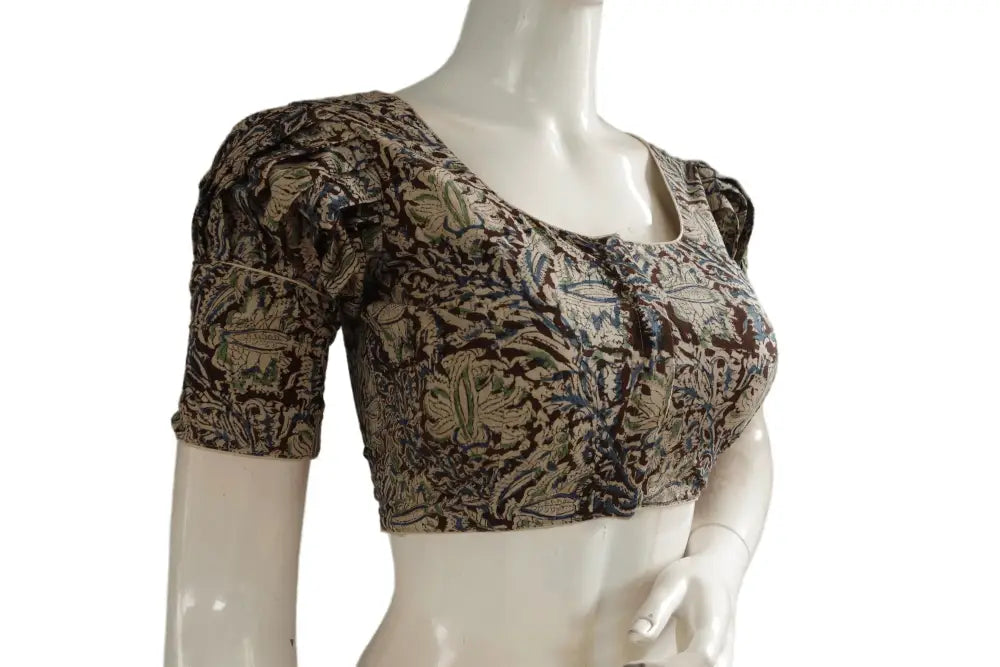 Kalamkari Readymade Saree Blouse With Puff Sleeves, Kalamkari Designer Blouse - D3blouses