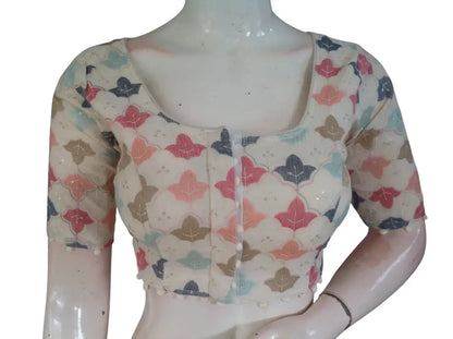 Khadi Cotton Saree Blouse | Indian Ethnic Choli | Ready-to-Wear | Multiple Designs - Off White Design 7 / 34