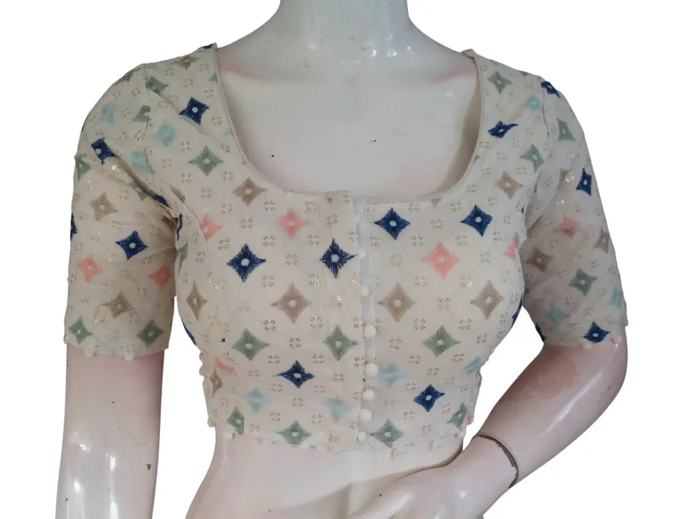 Khadi Cotton Saree Blouse | Indian Ethnic Choli | Ready-to-Wear | Multiple Designs - Off White Design 8 / 34