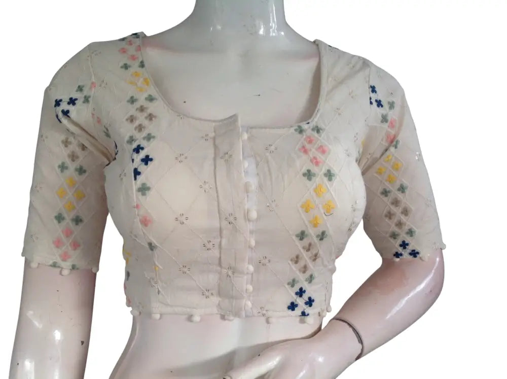 Khadi Cotton Saree Blouse | Indian Ethnic Choli | Ready-to-Wear | Multiple Designs - Off White Design 3 / 34