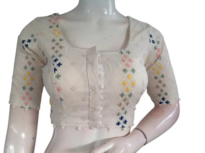 Khadi Cotton Saree Blouse | Indian Ethnic Choli | Ready-to-Wear | Multiple Designs - Off White Design 3 / 34