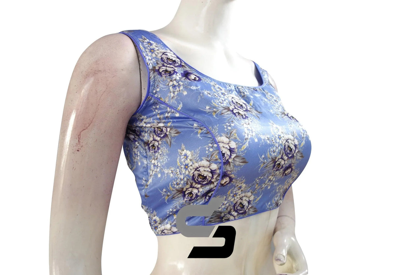 Lavender Blue Color Satin Printed Designer Sleeveless Readymade Saree Blouse With Tassels - D3blouses