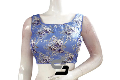 Lavender Blue Color Satin Printed Designer Sleeveless Readymade Saree Blouse With Tassels - D3blouses