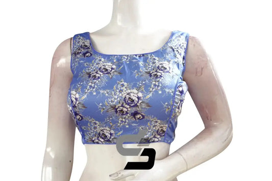Lavender Blue Color Satin Printed Designer Sleeveless Readymade Saree Blouse With Tassels - D3blouses