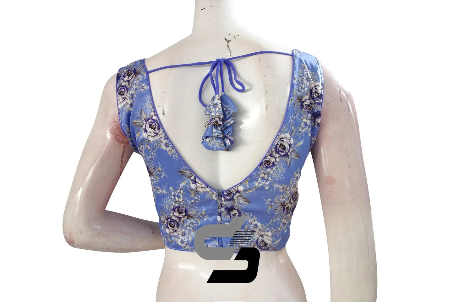 Lavender Blue Color Satin Printed Designer Sleeveless Readymade Saree Blouse With Tassels - D3blouses