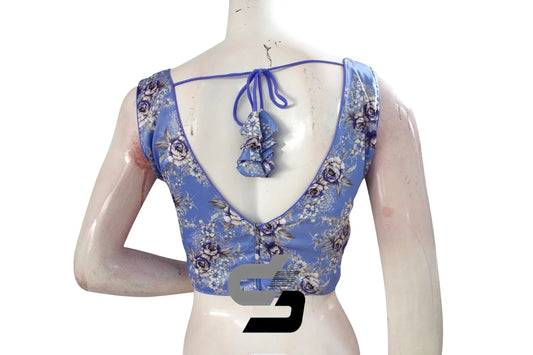 Lavender Blue Color Satin Printed Designer Sleeveless Readymade Saree Blouse With Tassels - D3blouses