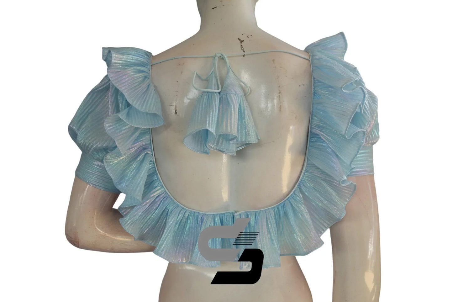 Light Blue Pre-Pleated Saree Blouse, Frill Neckline, Puff Sleeves - D3blouses