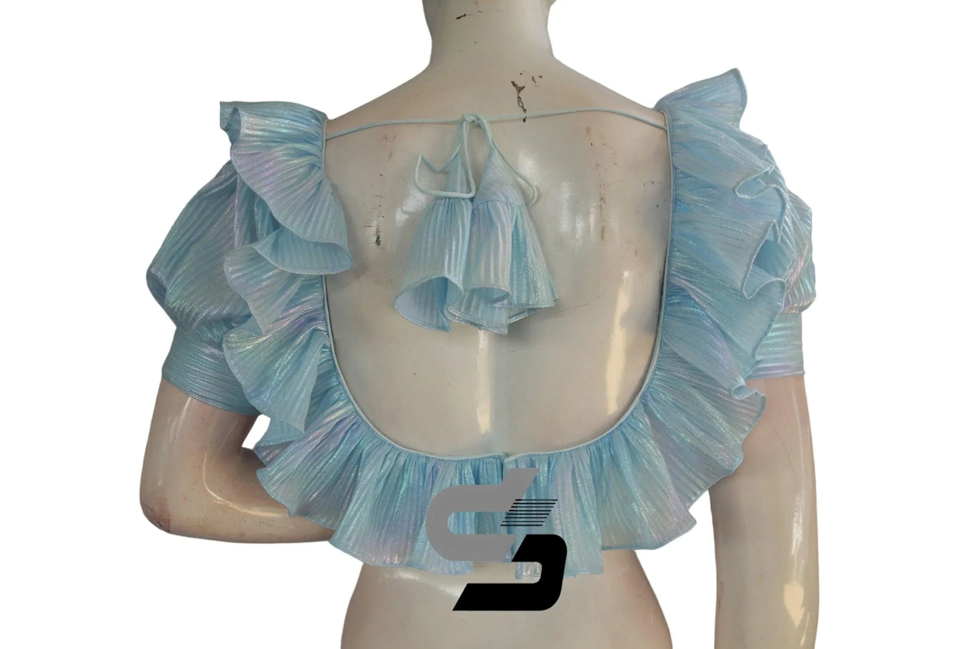 Light Blue Pre-Pleated Saree Blouse, Frill Neckline, Puff Sleeves - D3blouses