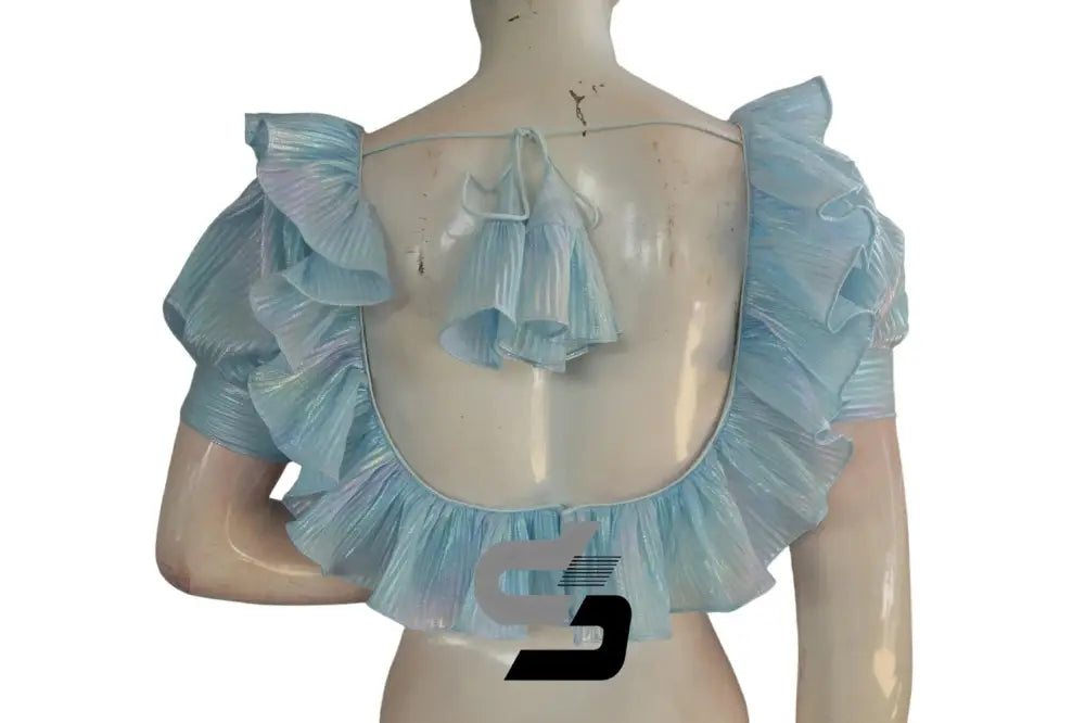 Light Blue Pre-Pleated Saree Blouse, Frill Neckline, Puff Sleeves - D3blouses