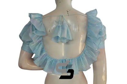 Light Blue Pre-Pleated Saree Blouse, Frill Neckline, Puff Sleeves - D3blouses