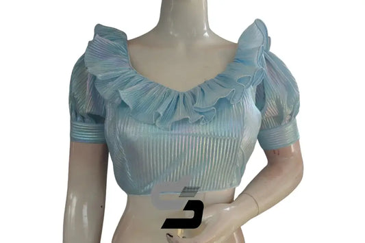 Light Blue Pre-Pleated Saree Blouse, Frill Neckline, Puff Sleeves - D3blouses