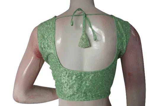 Little pastal Green Color Netted Embroidery Designer Readymade Blouse - D3blouses