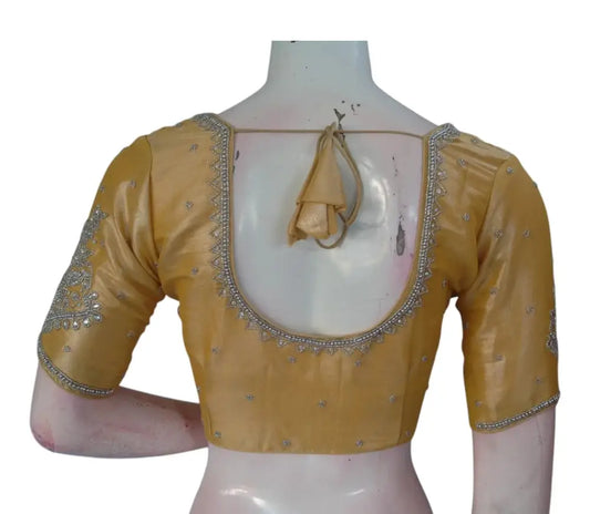 Luminous Pastel Yellow Blouse | Silver Aari Detail | Tissue Silk - D3blouses
