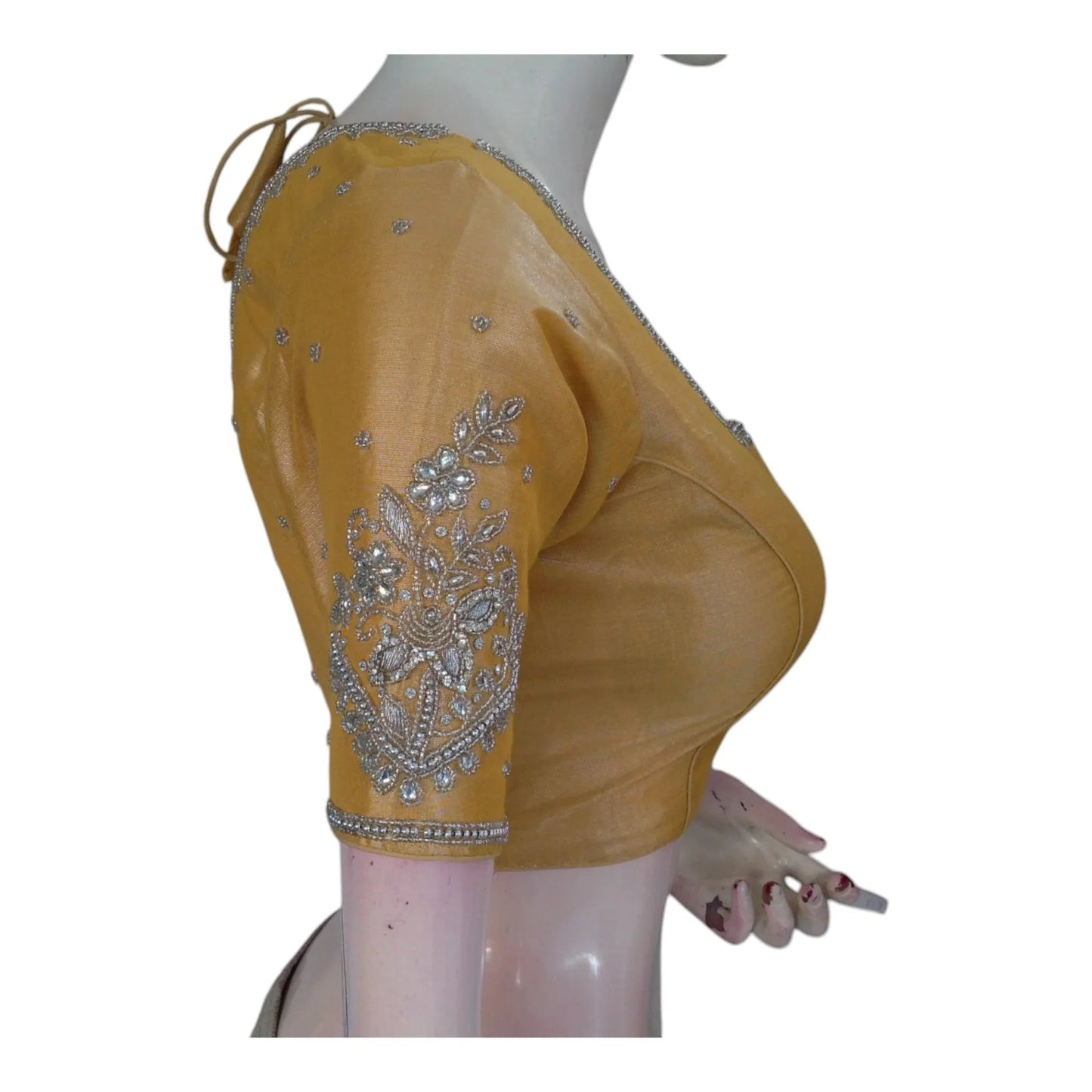 Luminous Pastel Yellow Blouse | Silver Aari Detail | Tissue Silk - D3blouses