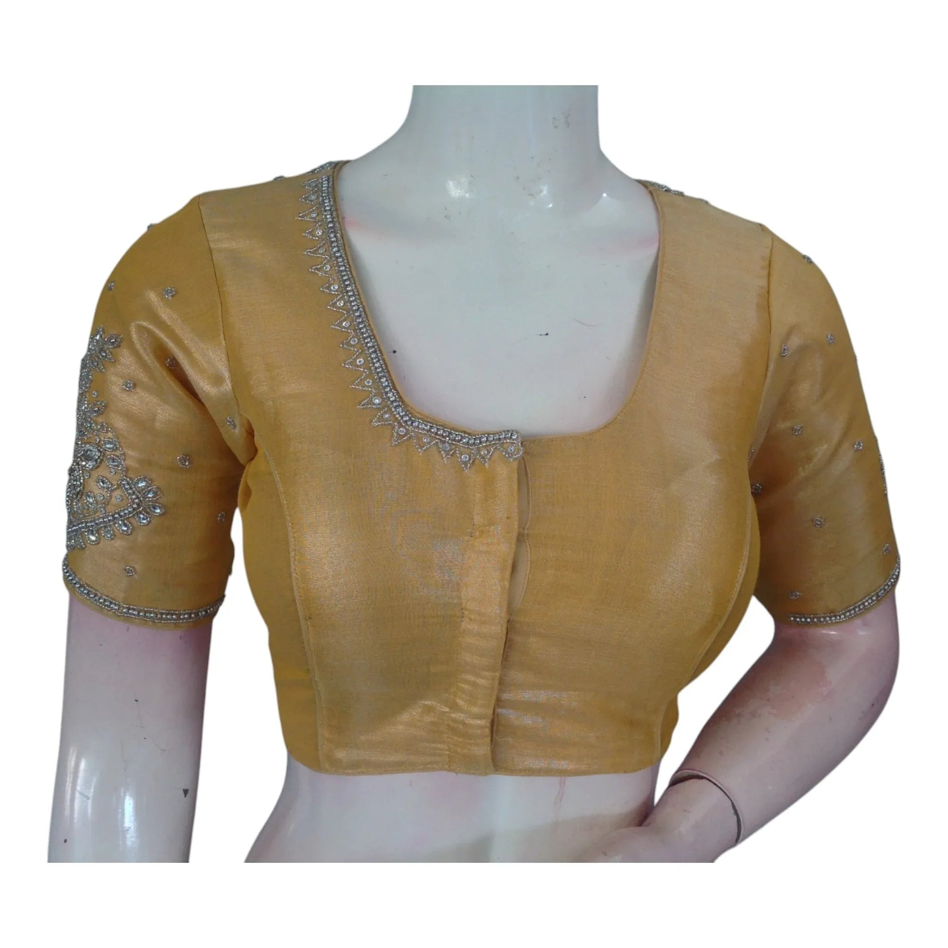 Luminous Pastel Yellow Blouse | Silver Aari Detail | Tissue Silk - D3blouses