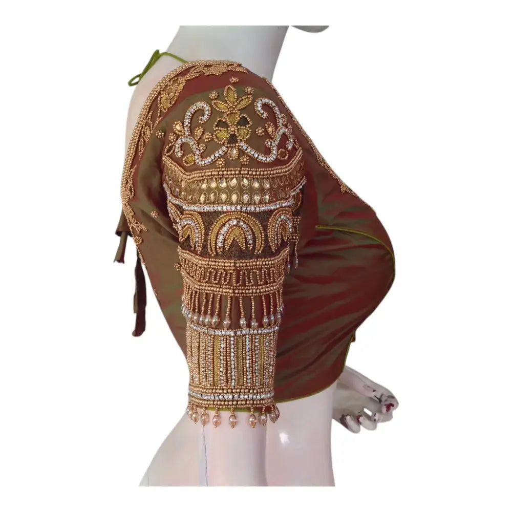 Luxe Dark Olive Green Color Aari Handwork Wedding Silk Saree Blouse - D3blouses