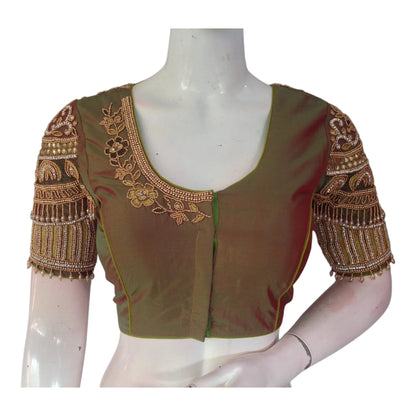 Luxe Dark Olive Green Color Aari Handwork Wedding Silk Saree Blouse - D3blouses
