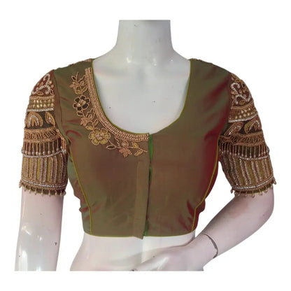 Luxe Dark Olive Green Color Aari Handwork Wedding Silk Saree Blouse - D3blouses